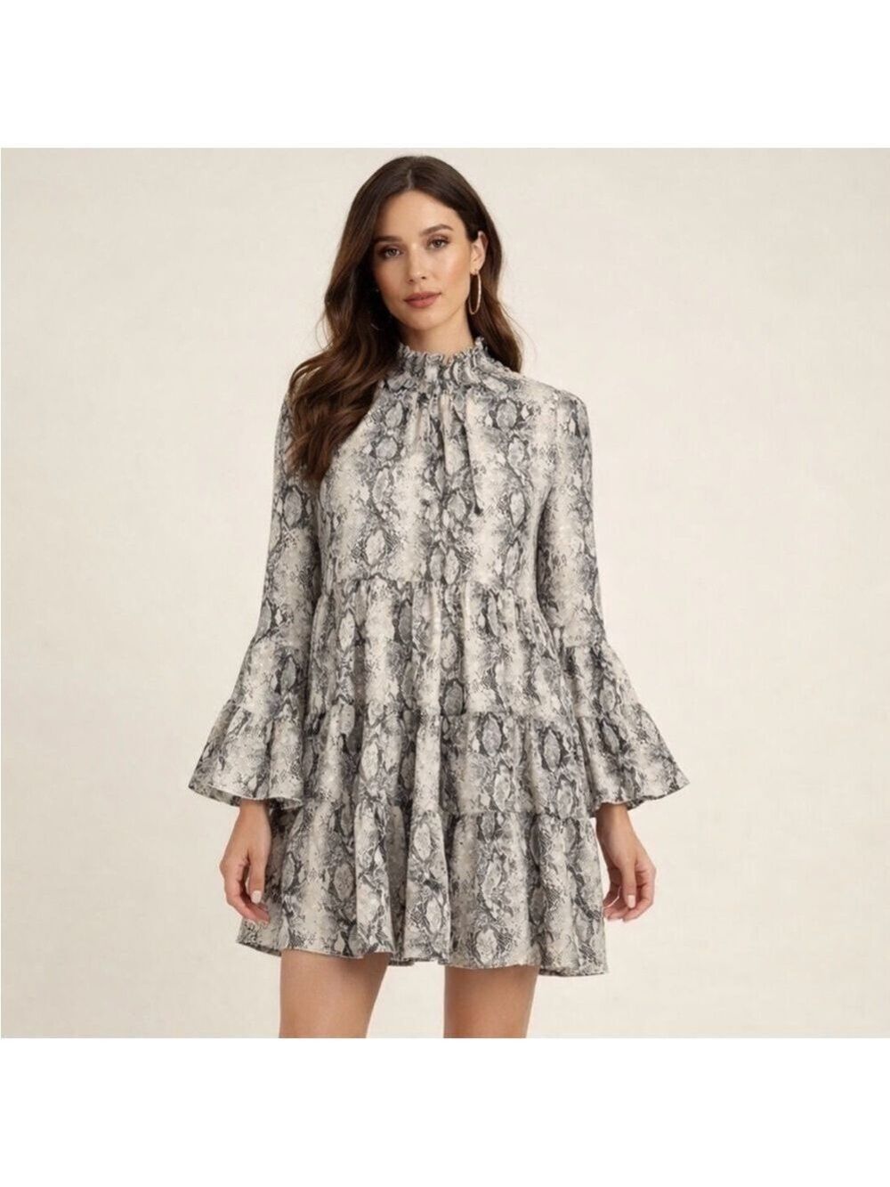 Altar'd State Snakeskin Tiered Mini Dress Small Bell Sleeve Boho Gypsy Babydoll
